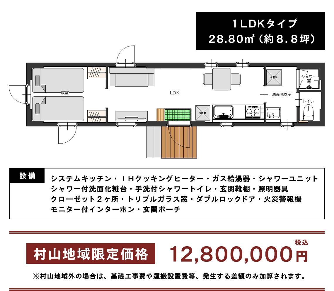 スマートモデューロ 1LDKタイプ：28.80㎡(約8.8坪) 村山地域限定価格：12,800,000円(税込)